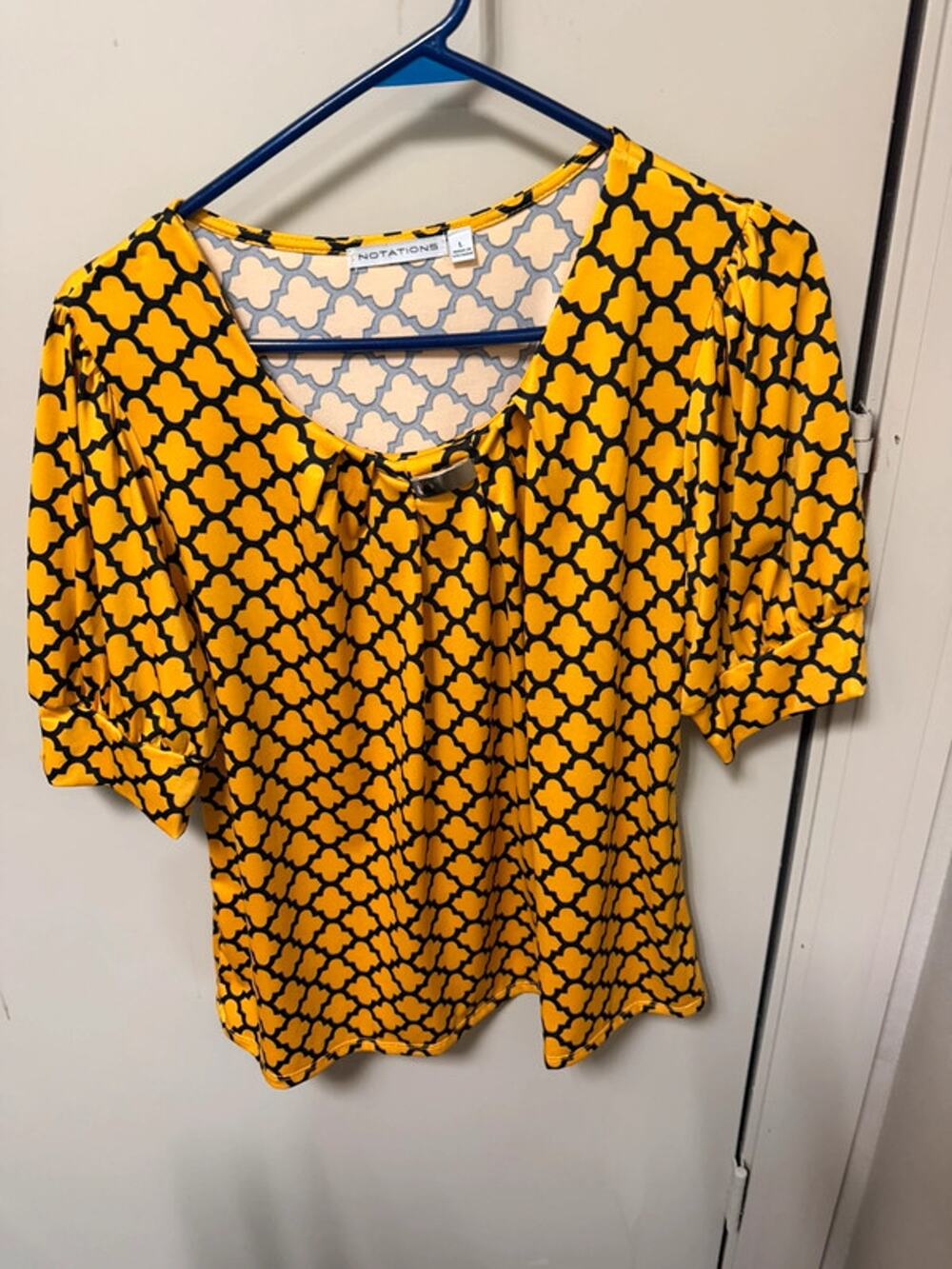 Yellow and black Large geometric shape with silver detail blouse
